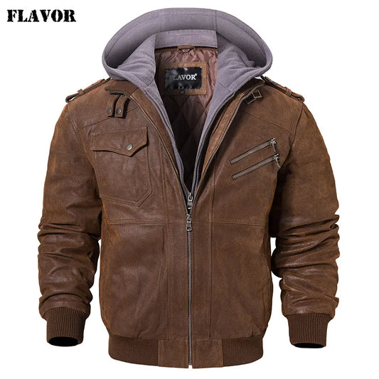 FLAVOR Men’s Real Leather Motorcycle Jacket – Genuine Leather Winter Coat with Removable Hood