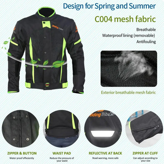 Summer Style Motorcycle Jacket – Reflective Riding Coat with 5 Protective Pads &amp; Waterproof Liner (JK-37)