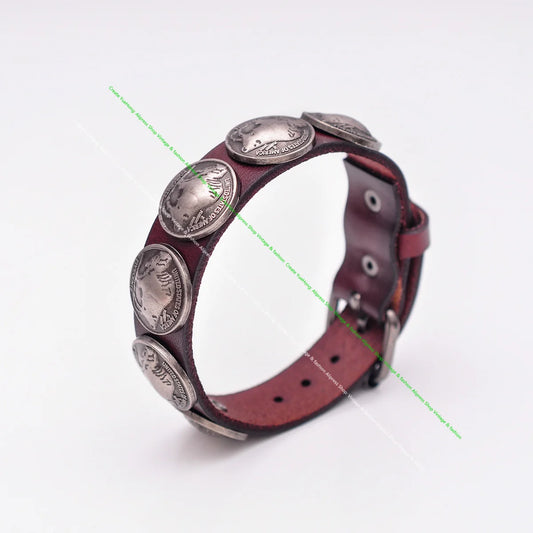 Biker Antique Buffalo Concho Studded Leather Bracelet – Veg Tan Brown Leather Cuff Wristband