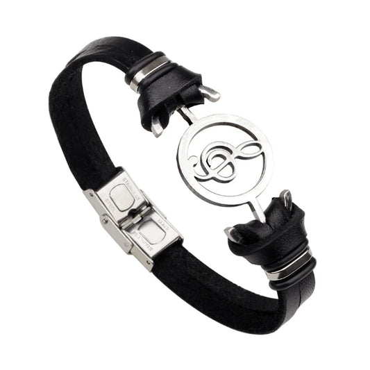 XiongHang Fashion Black Leather Musical Note Bracelet – Stainless Steel Charm for Men &amp; Women