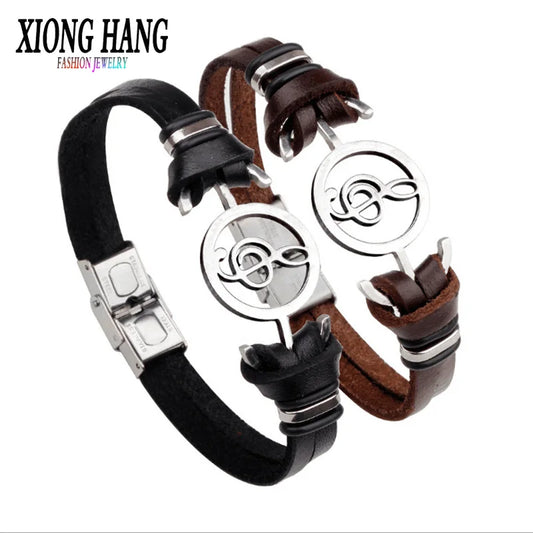 XiongHang Fashion Black Leather Musical Note Bracelet – Stainless Steel Charm for Men &amp; Women