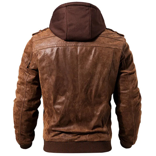 FLAVOR Men’s Real Leather Motorcycle Jacket – Genuine Leather Winter Coat with Removable Hood
