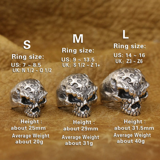 925 Sterling Silver Fire Skull Ring – Men’s Biker Rock Punk Jewelry (TA426)
