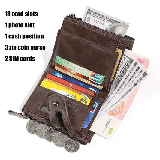 2025 Retro Chain Wallet – Vintage-Style Men’s RFID Wallet with Double Zipper &amp; Card Holder