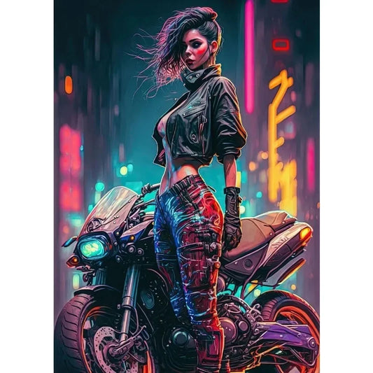 Punk Girl Motorbike Racing Canvas Poster – Modern Motorcycle Rider Wall Art for Home Decor