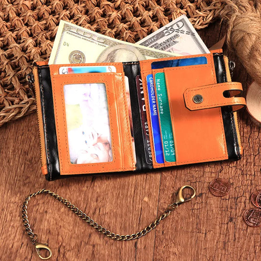 HUMERPAUL Men’s Genuine Leather Wallet – RFID Blocking Travel Purse with Chain