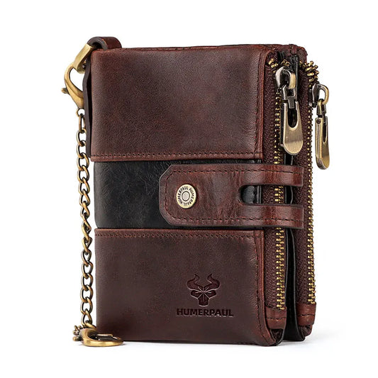 HUMERPAUL Men’s Genuine Leather Wallet – RFID Blocking Travel Purse with Chain