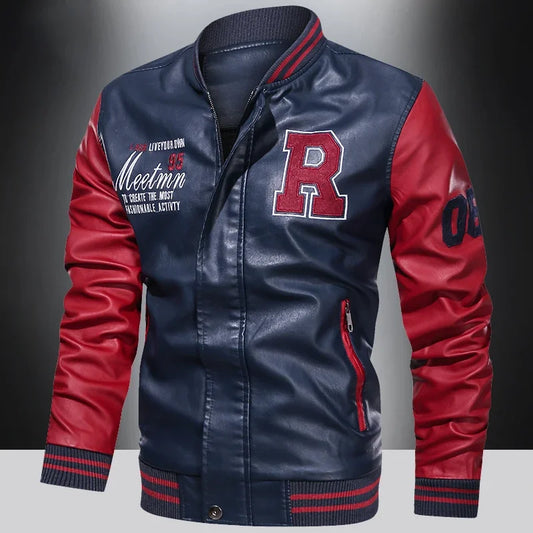 Men’s PU Leather Motorcycle Jacket – American Baseball Collar Pilot Style | Color-Blocked Spring &amp; Autumn Outerwear