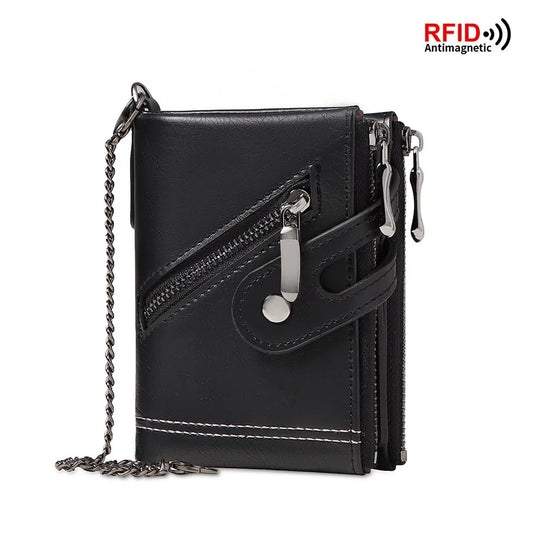 2025 Retro Chain Wallet – Vintage-Style Men’s RFID Wallet with Double Zipper &amp; Card Holder