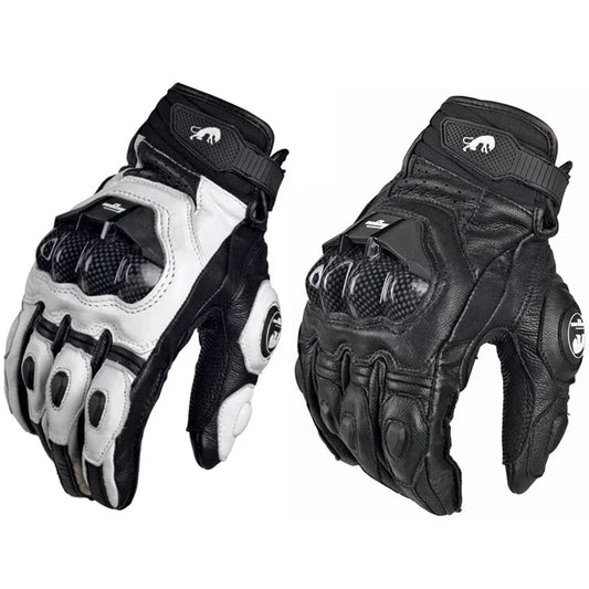 Driving Black &amp; White Motorcycle Gloves – Genuine Leather Racing Gloves