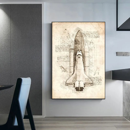 Da Vinci-Inspired Astronaut &amp; Machine Sketches Canvas Poster – Vintage Space &amp; Motorcycle Wall Art for Study Room