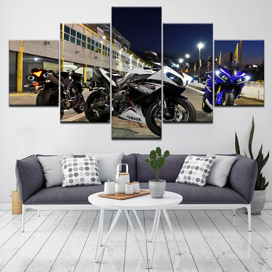 5-Panel Motorcycle Racing Canvas Painting – Vintage Industrial Wall Art for Living Room Decor