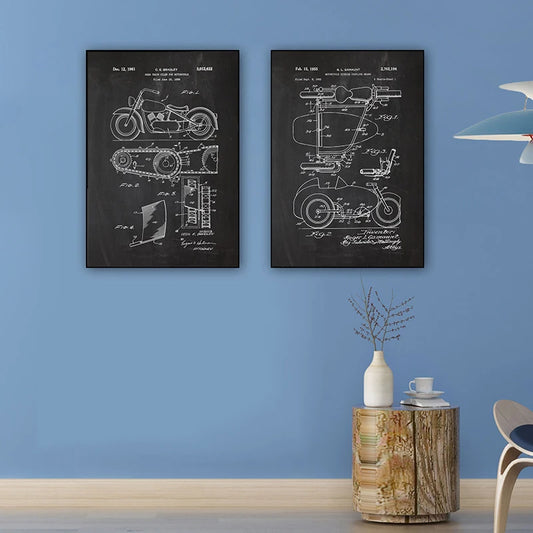 Retro Motorcycle Patent Drawing Canvas Posters – Helmet &amp; Cycle Line Art Wall Decor