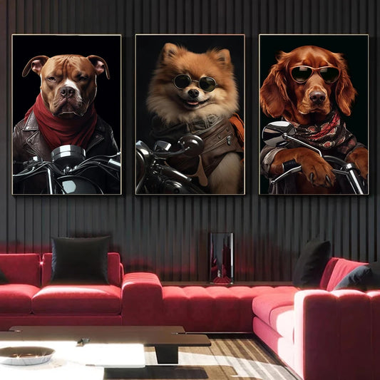 Funny Dog &amp; Cat Riding a Motorcycle Poster – Nordic Style Canvas Wall Art for Living Room Decor (Unframed)