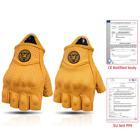 MJMOTO Retro Leather Half Finger Motorcycle Gloves – Touchscreen &amp; Hard Shell Protection