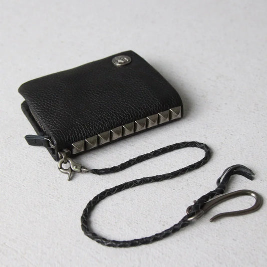 Vintage Punk Studded Leather Wallet – Men’s Short Chain Purse with Zipper &amp; Money Clip
