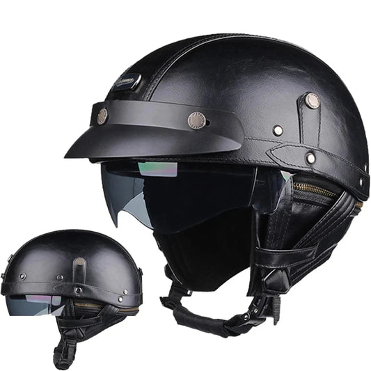 Motorcycle Helmet Retro PU Four-Season Fashion Half Helmet – For Men &amp; Women