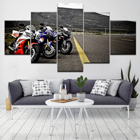 5-Panel Motorcycle Racing Canvas Painting – Vintage Industrial Wall Art for Living Room Decor