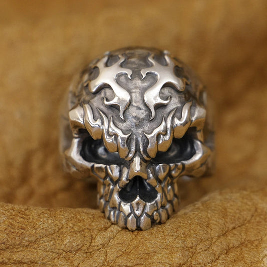 925 Sterling Silver Fire Skull Ring – Men’s Biker Rock Punk Jewelry (TA426)