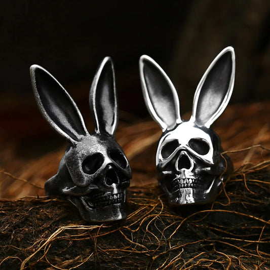 Gothic Vintage Black Rabbit Ring – 316L Stainless Steel Biker Skull Jewelry for Men &amp; Women