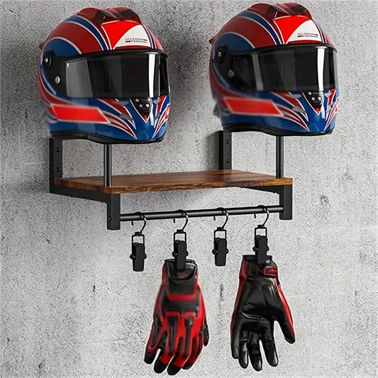 Motorcycle Helmet Wall Mount with Wooden Shelf &amp; Hooks – Sports Gear Bracket for Motocross &amp; Bicycle Accessories
