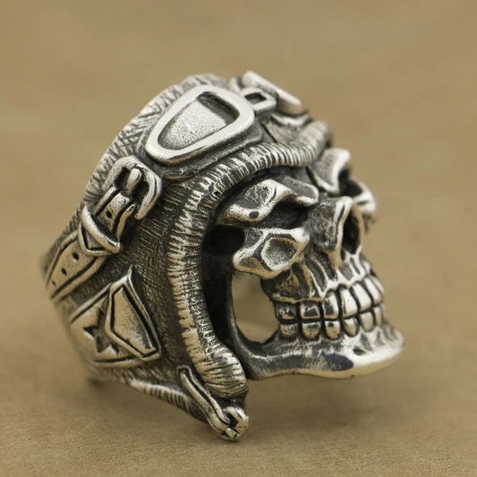 Huge Heavy 925 Sterling Silver Pilot Skull Helmet Ring – Biker Punk Statement Jewelry (TA65)