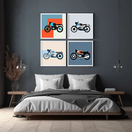 Vintage Motorcycle &amp; Classic Car Canvas Print – Bauhaus Style Mid-Century Minimalist Wall Art