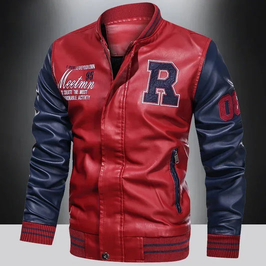 Men’s PU Leather Motorcycle Jacket – American Baseball Collar Pilot Style | Color-Blocked Spring &amp; Autumn Outerwear