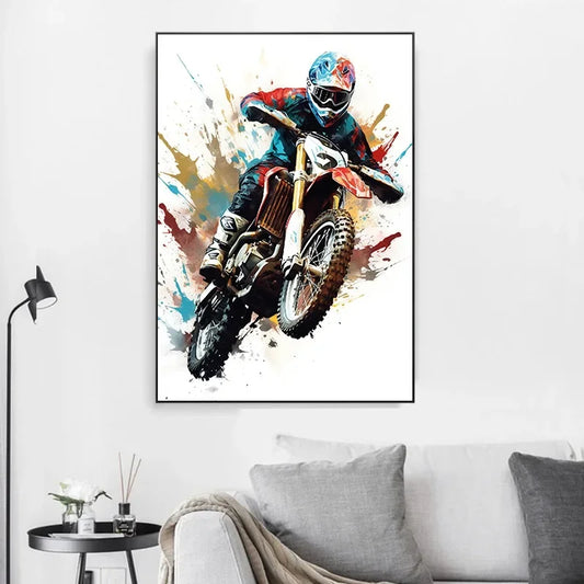 Watercolor Dirt Bike Motocross Canvas Poster – Artistic Motorcycle Wall Art for Room &amp; Home Decor
