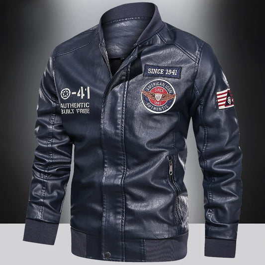 Men's Color-Blocked PU Leather Motorcycle Jacket – Spring/Autumn American Baseball Collar Pilot Style Coat