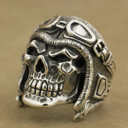 Huge Heavy 925 Sterling Silver Pilot Skull Helmet Ring – Biker Punk Statement Jewelry (TA65)