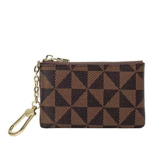 Luxury Plaid Leather Mini Coin Key Purse – Women's Zipper Wallet with Chain