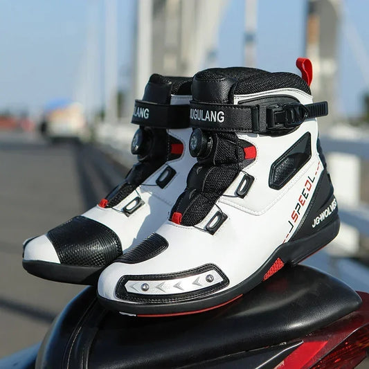 2024 Men’s Leather Motorcycle Racing Boots – Breathable, Anti-Slip Ankle-Length Riding Shoes