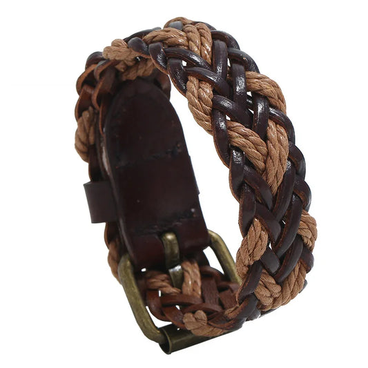 Vintage Braided Cowhide Bracelet for Men – Genuine Leather &amp; Nylon Rope Retro Hip-hop Accessory