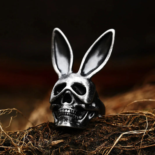Gothic Vintage Black Rabbit Ring – 316L Stainless Steel Biker Skull Jewelry for Men &amp; Women