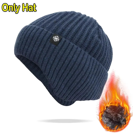 Outdoor Men’s Winter Knitted Hat – Warm Plush Peaked Cap with Earmuffs