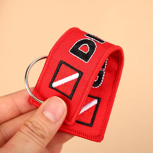 DIVER Embroidered Car &amp; Motorcycle Keychain – Red Fabric Key Ring for Riders, Luggage &amp; Aviation Fans