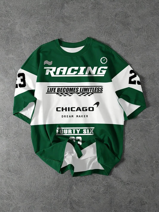 3D Printed Racing-Themed Men's T-Shirt – Checkered Flag &amp; Chicago Letter Design