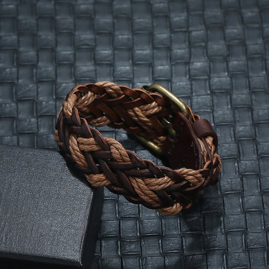 Vintage Braided Cowhide Bracelet for Men – Genuine Leather &amp; Nylon Rope Retro Hip-hop Accessory