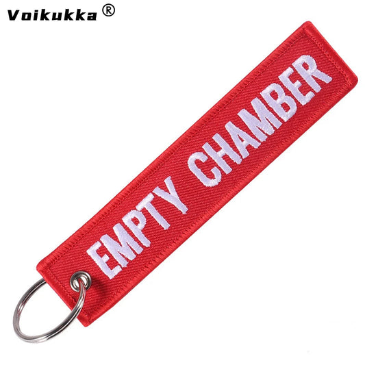 Voikukka "EMPTY CHAMBER" Embroidery Keychain – Red Rectangle Pendant Tag Souvenir