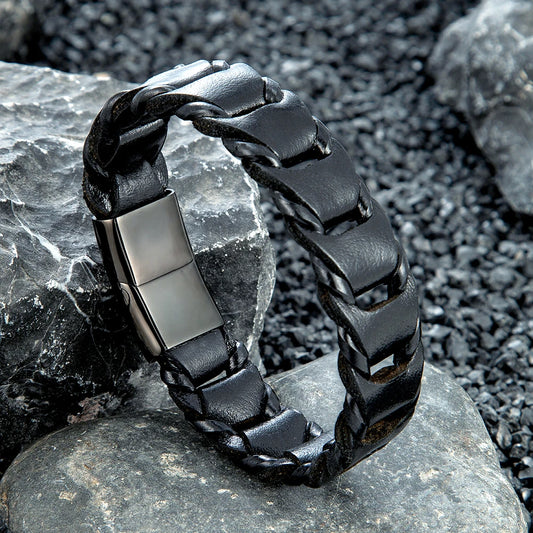Men’s Wide Leather Wrap Bracelet – Classic Magnet Buckle Wristband