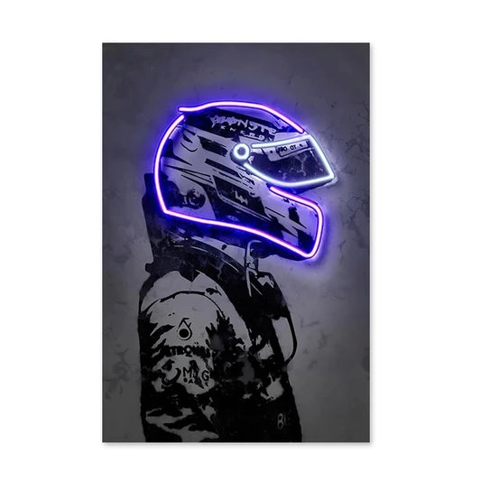 Retro Neon Light Effect Motorcycle Helmet Poster – Graffiti-Style Canvas Wall Art for Bar &amp; Home Decor (Non-LED)