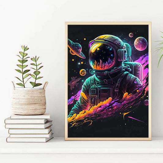 Astronaut Riding Motorcycle Canvas Poster – Surfer, Guitar, &amp; Flower Space Theme Wall Art for Home Decor