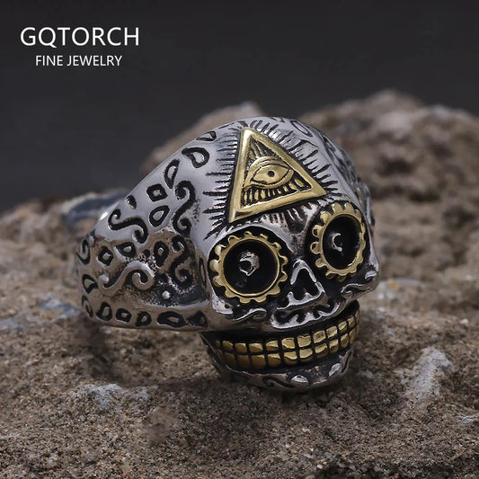 S925 Sterling Silver All-Seeing Eye Skull Ring – Punk Retro Biker Jewelry for Men &amp; Women