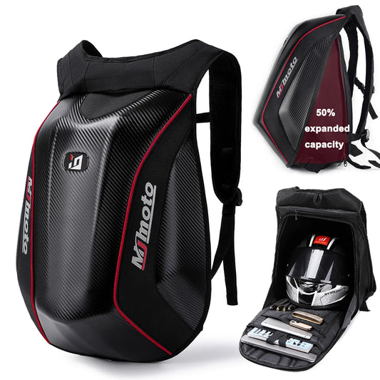 Carbon Fiber Motorcycle Helmet Backpack – Expandable Waterproof Hard Shell Riding Bag