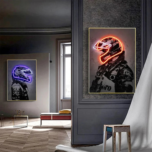 Retro Neon Light Effect Motorcycle Helmet Poster – Graffiti-Style Canvas Wall Art for Bar &amp; Home Decor (Non-LED)