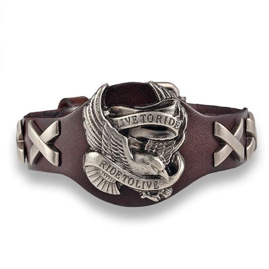 Punk Eagle "Ride to Live" Leather Bracelet – Retro Rock Biker Cuff for Men &amp; Women