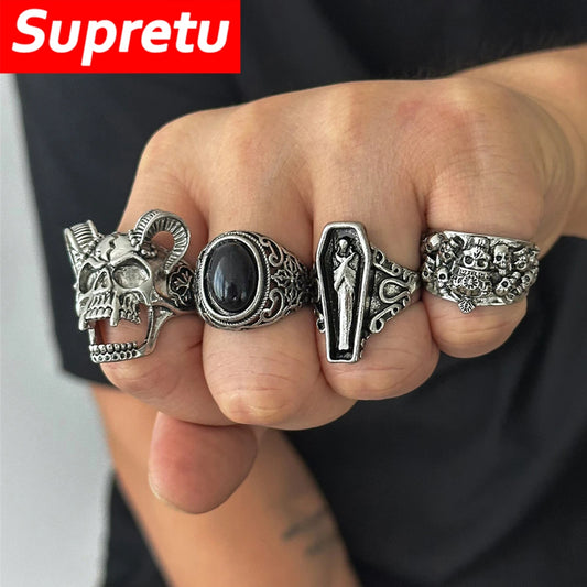 Gothic Punk Skull Ring – Adjustable Coffin &amp; Mummy Vampire Design for Men
