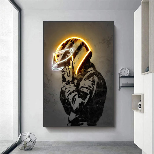 Neon Effect Motorcycle Helmet Poster – Music &amp; Movie Star Canvas Wall Art for Bar, Living Room, Home Decor