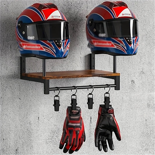 Motorcycle Helmet Wall Mount with Wooden Shelf &amp; Adjustable Hooks – Sturdy Storage Rack for Motocross &amp; Bicycle Gear